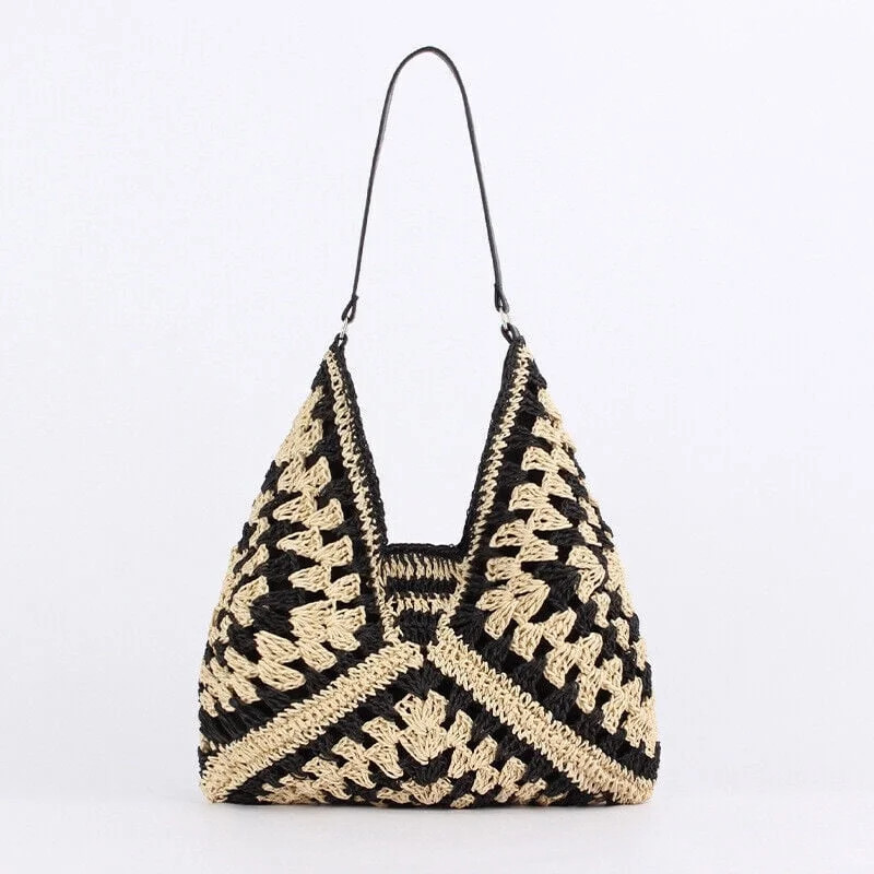 Women Boho Woven Handbag Summer Beach Tote Straw Bag Round Rattan Shoulder-Black - Walmart.com | Walmart (US)