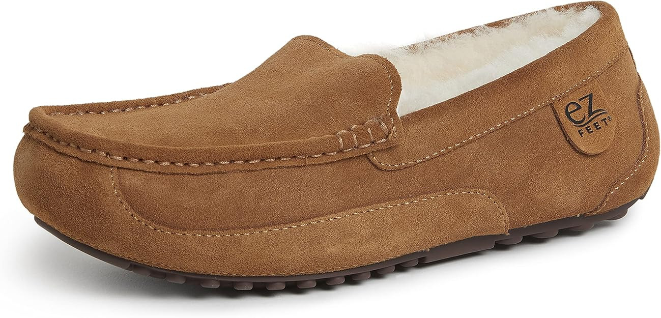 EZ Feet Men's Indoor Outdoor Shearling Breathable Slip-On Moccasins Slipper | Amazon (US)