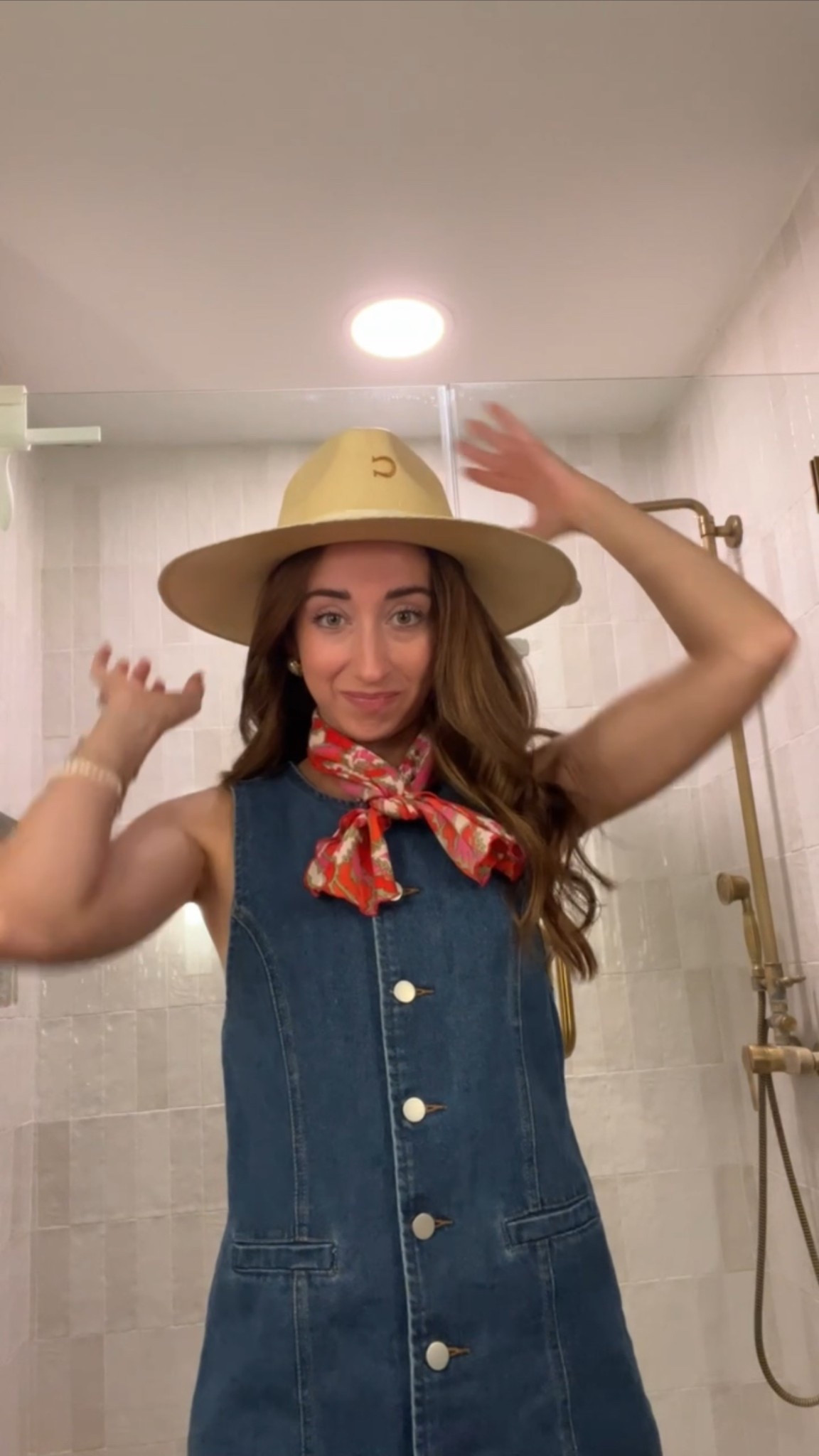 Houston rodeo outfit for cook off! Denim dress exact is linked and a similar scarf 