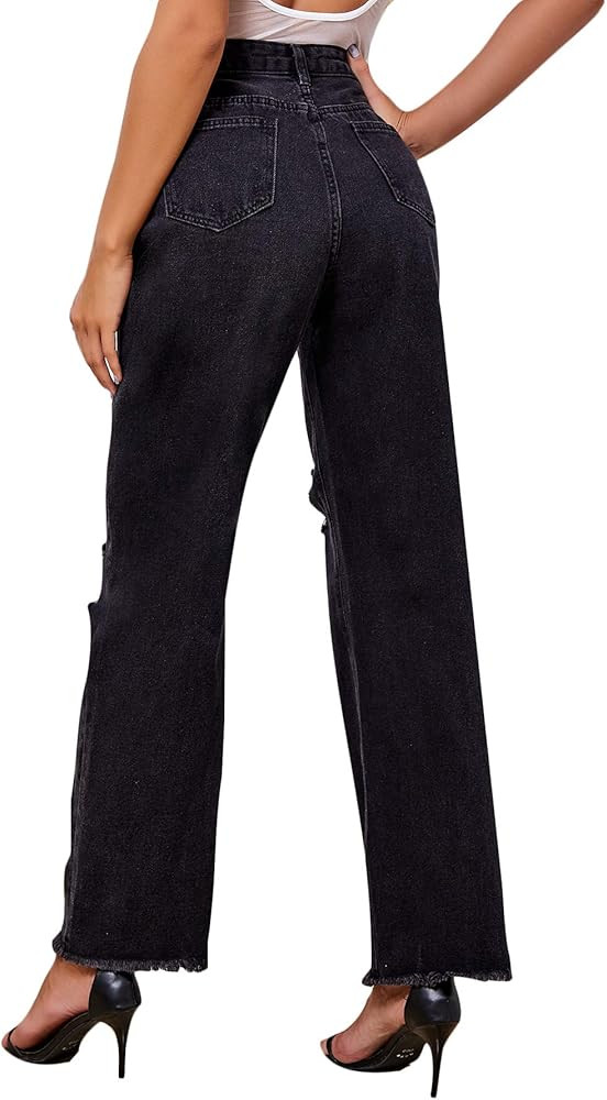 SweatyRocks Women's Ripped Straight Leg Jeans High Waist Distressed Cutout Denim Pants | Amazon (US)