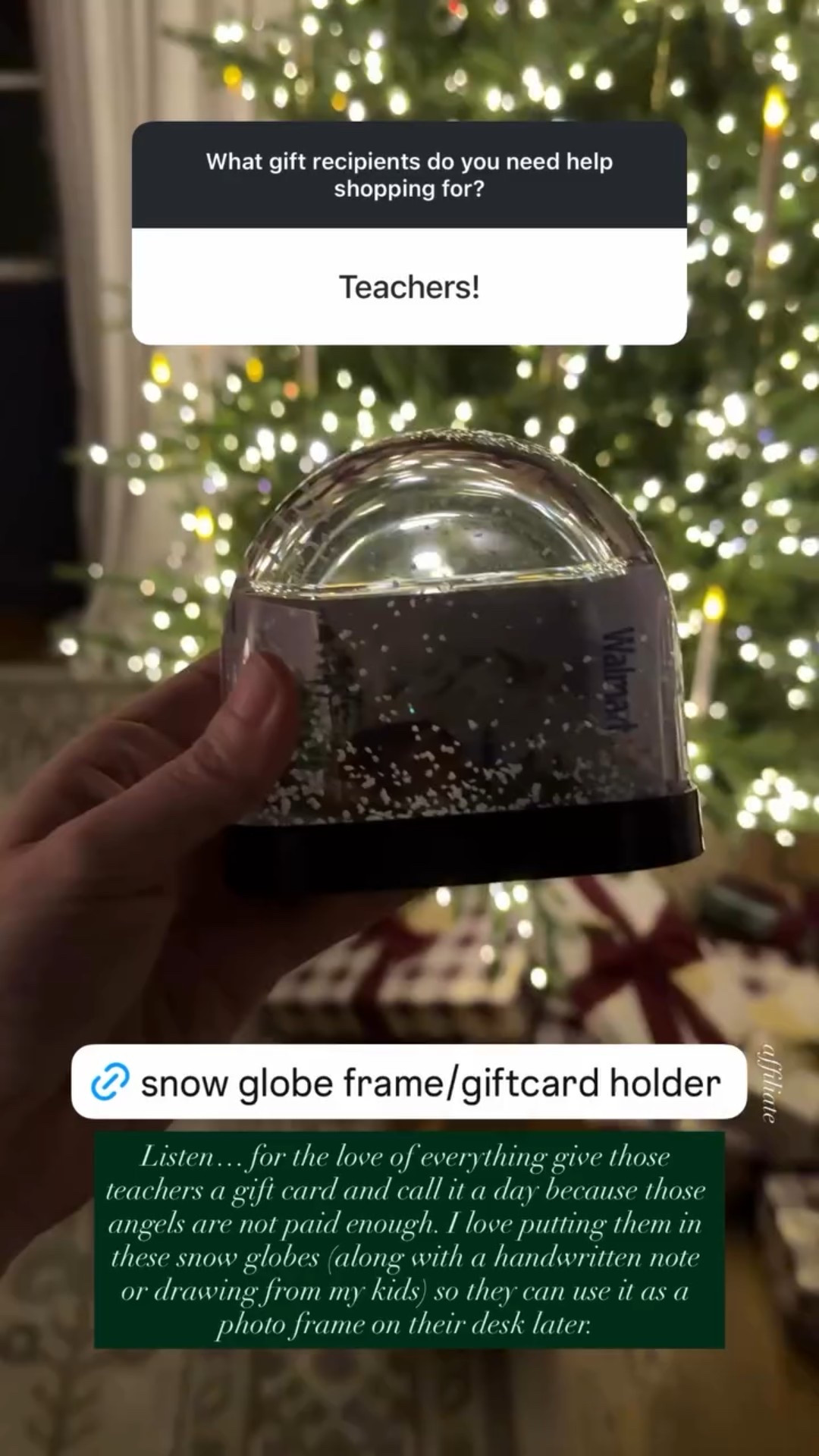 Listen… for the love of everything give those teachers a gift card and call it a day because those angels are not paid enough. I love putting them in these snow globes (along with a handwritten note or drawing from my kids) so they can use it as a photo frame on their desk later.

Teacher gift

#LTKGiftGuide