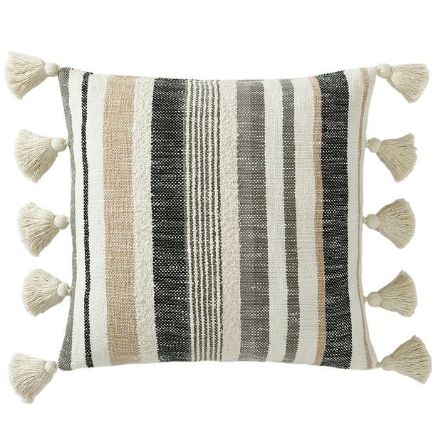 Better Homes & Gardens, Multi Stripes & Tassels Decorative Pillow, Square, 20" x 20", Neutral, 1 ... | Walmart (US)