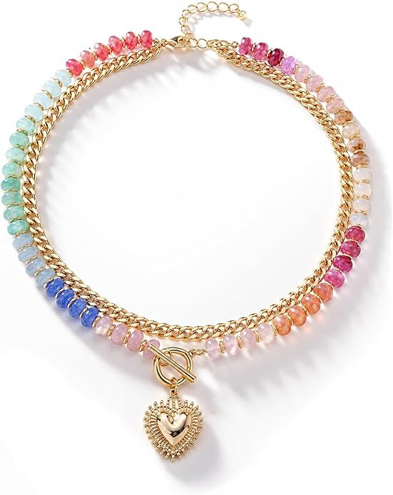 Colorful Acrylic Beaded Necklace For Women, Boho Double Layer Rainbow Beads Thick Cuban Chain Chu... | Amazon (US)