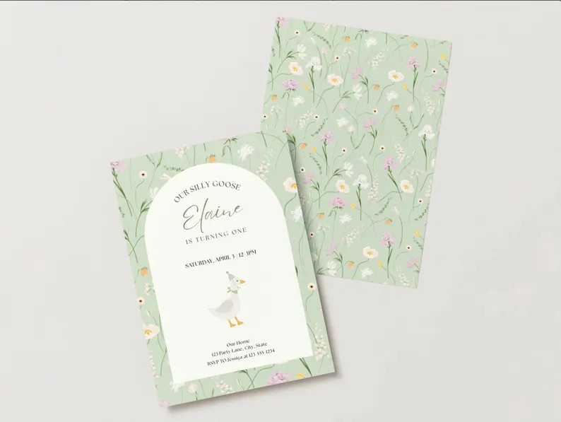 One Silly Goose First Birthday Invitation Canva Template | Editable Wildflower, Gingham, Floral &... | Etsy (US)