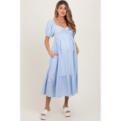 PinkBlush Light Blue Sweetheart Stripe Smocked Back Maternity Midi Dress Light Blue Medium | Target