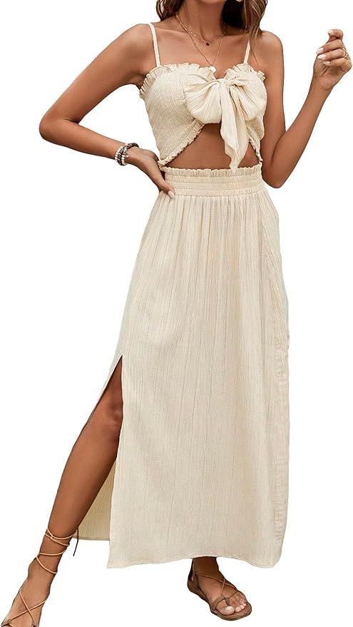 Women's 2 Piece Bow Front Spaghetti Strap Knot Crop Cami Top and Split Thigh Skirt Sets | Amazon (US)