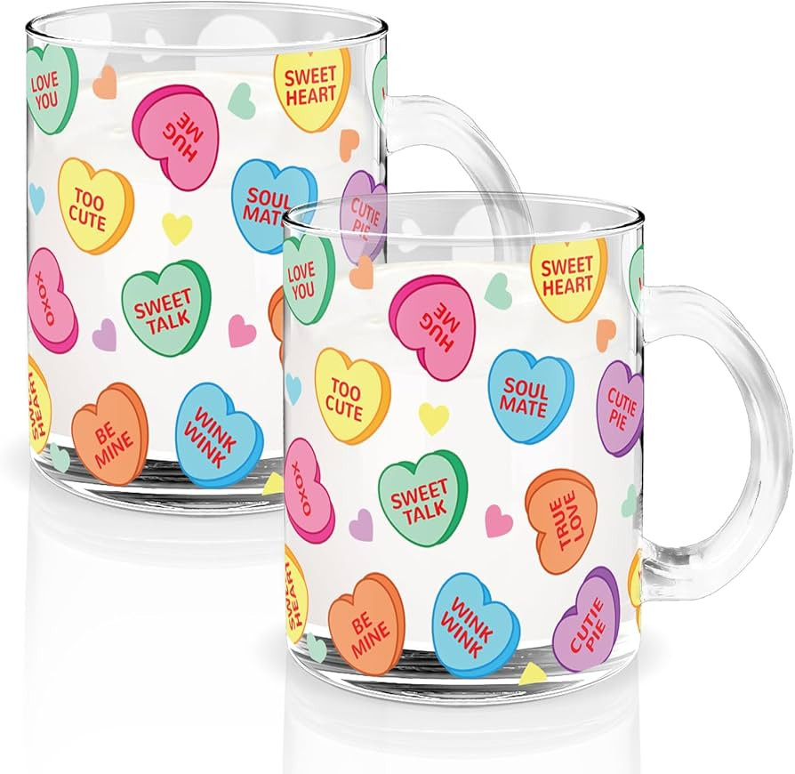 2Pcs Valentine's Day Glass Coffee Mugs with Handle 12oz Colorful Conversation Heart Coffee Cups B... | Amazon (US)