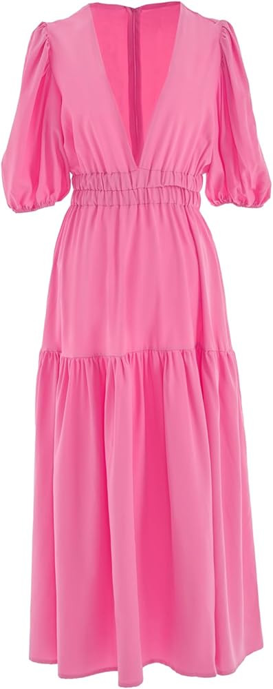 HOULENGS Women's Deep V Neck Puff Short Sleeve Tiered Dress Elastic High Waist Flowy A Line Midi ... | Amazon (US)