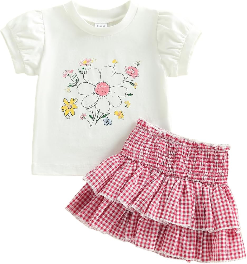 Toddler Baby Girl Summer Clothes Cute Floral Short Sleeve Tee Shirts and Plaid Skirt Set 2PCS Lit... | Amazon (US)