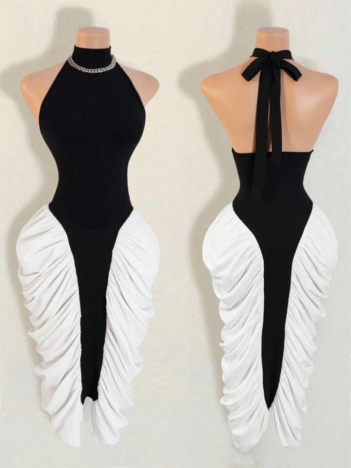 Mistrie Summer New Vintage Elegant Sleeveless Stand Collar Tie Neck Contrast Color Pleated Waist ... | SHEIN