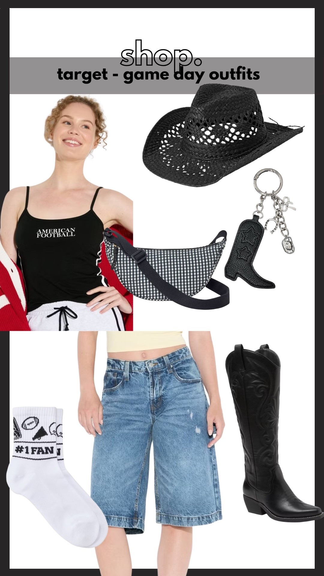 Target, game day outfit , football game outfit, cowboy boots, cowboy hat,  jean shorts, ankle socks, shoulder bag, bag charmm

#LTKSeasonal #LTKStyleTip #LTKFindsUnder50