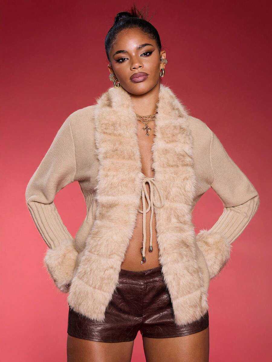 Normani Elegant Fox Fur Knitted Cardigan Sweater For Women | SHEIN