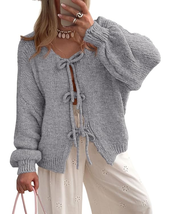 PRETTYGARDEN Women's Tie Front Bow Cardigan Sweaters Chunky Knit Long Puff Sleeve Trendy Fall Win... | Amazon (US)