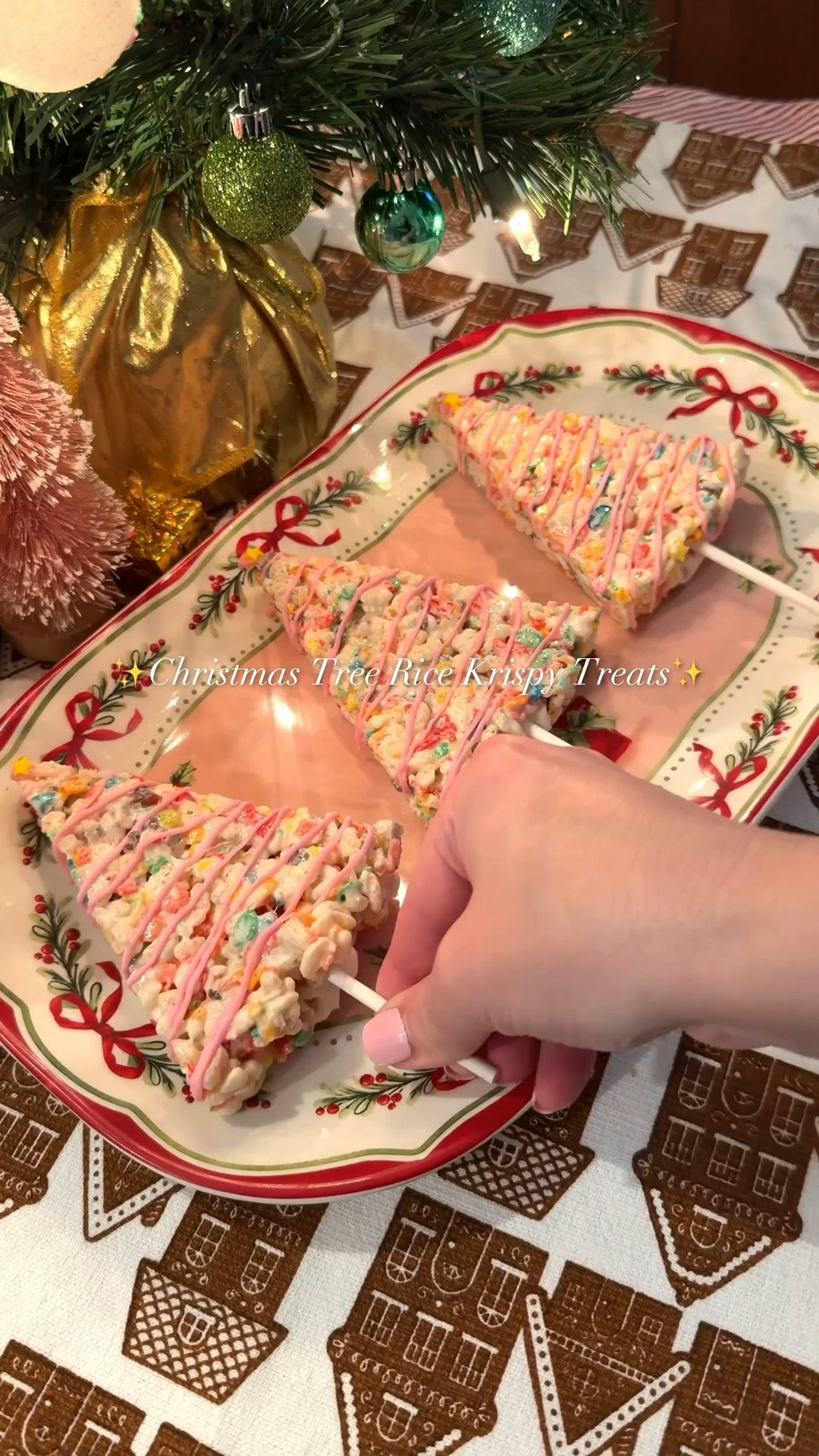 Christmas tree rice krispy treats🎄
Made with frosted rice krispies and fruity pebbles! They make such a cute and easy holiday gift🎁 Recipe👇

Ingredients
3 tbsp butter
4 cups mini marshmallows
3 cups Frosted Rice Krispies
3 cups Fruity Pebbles
Lollipop sticks or cake pop sticks
Almond bark (for dipping & drizzle)
Food coloring (optional)
Star sprinkles

Instructions
1️⃣ Microwave butter on half power until melted.
2️⃣ Stir in marshmallows. Microwave on half power in 30-second intervals, stirring between, until fully melted and smooth.
3️⃣ Add Frosted Rice Krispies and Fruity Pebbles. Stir until evenly coated.
4️⃣ Press mixture into a round pan lined with parchment paper and lightly sprayed with cooking spray. Use another piece of parchment paper on top to help press it down evenly.
5️⃣ Let set, then remove and cut into 8 triangle slices.
6️⃣ Melt almond bark. Dip sticks into the melted bark, then insert into each slice and let set.
7️⃣ Melt more almond bark, add food coloring, let cool slightly, then place into piping bag and drizzle over each tree
8️⃣ Top with star sprinkles 

#LTKSeasonal #LTKfoodie #LTKHoliday