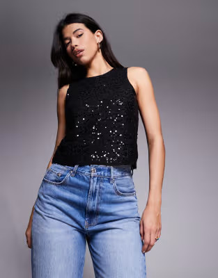ASOS DESIGN wiggle sequin sheer mesh tank top in black | ASOS (Global)
