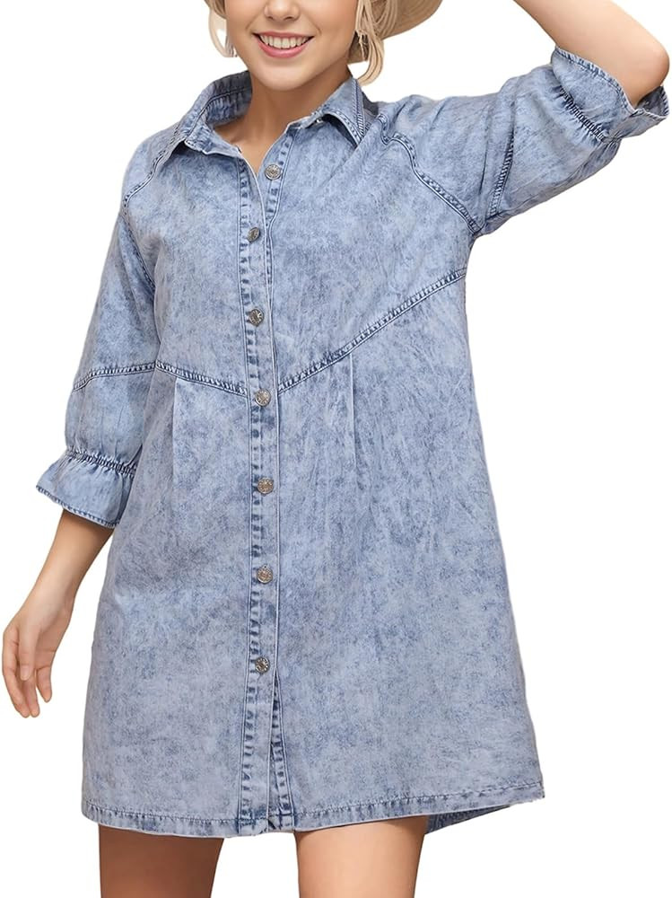 KateModa Women's Denim Shirt Dress 3/4 Long Sleeve Button Down Babydoll Jean Shirt Dresses | Amazon (US)