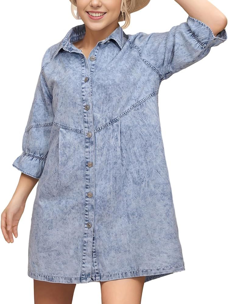 Women Denim Shirt Dress 3/4 Long Sleeves Casual Button Down Babydoll Flowy Jean Dresses | Amazon (US)