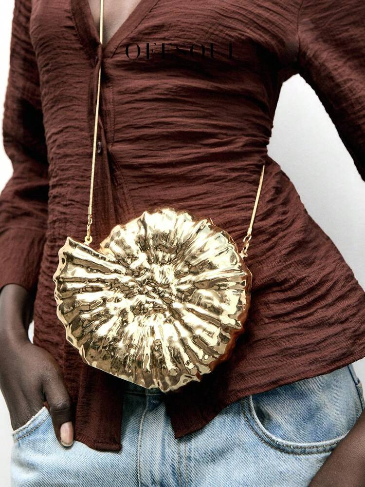 Metallic Gold Glossy Embossed Snail Design Clutch Bag, New Acrylic Chain Shoulder/Crossbody Bag For Party, Banquet, High-End Feel | SHEIN