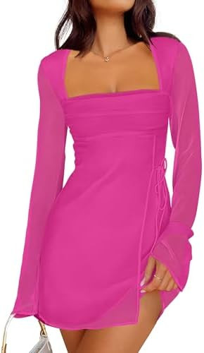 Caracilia Womens Sexy Mesh Ruched Mini Dresses Long Sleeve Square Neck Tie Fall Club Party Cockta... | Amazon (US)