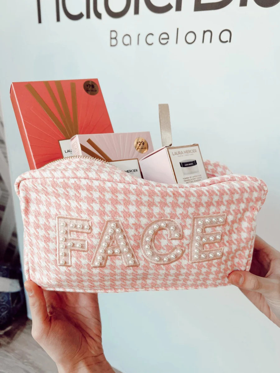 Houndstooth Face Large Makeup Bag - Pink | KenzKustomz