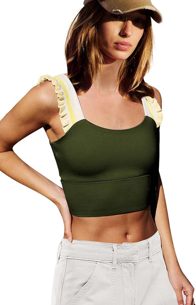 LAMISSCHE Womens Cropped Tank Tops Workout Sleeveless Stretchy Camisole Cute Ruffle Wide Strap Cu... | Amazon (US)