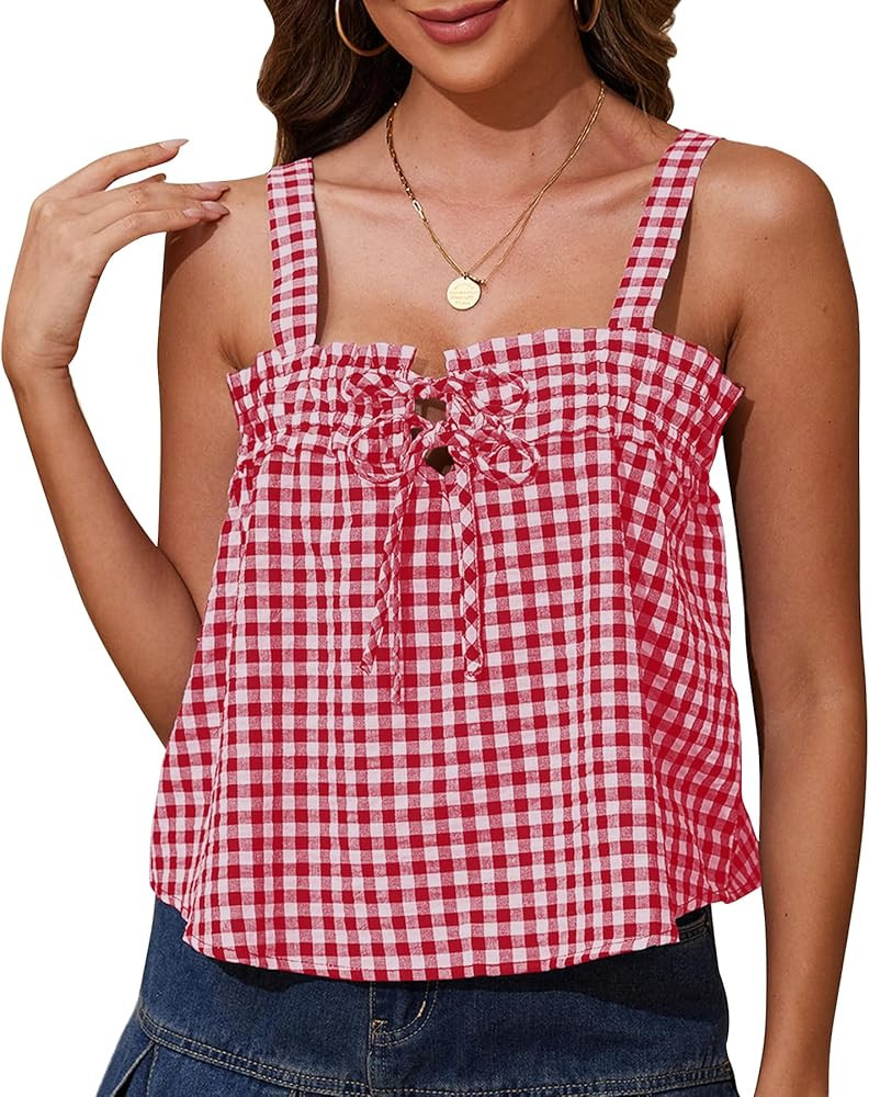 Cotton Gingham Tie Front Tank Tops for Women Girls Cute Plaid Tank Tops Casual Summer Going Out T... | Amazon (US)