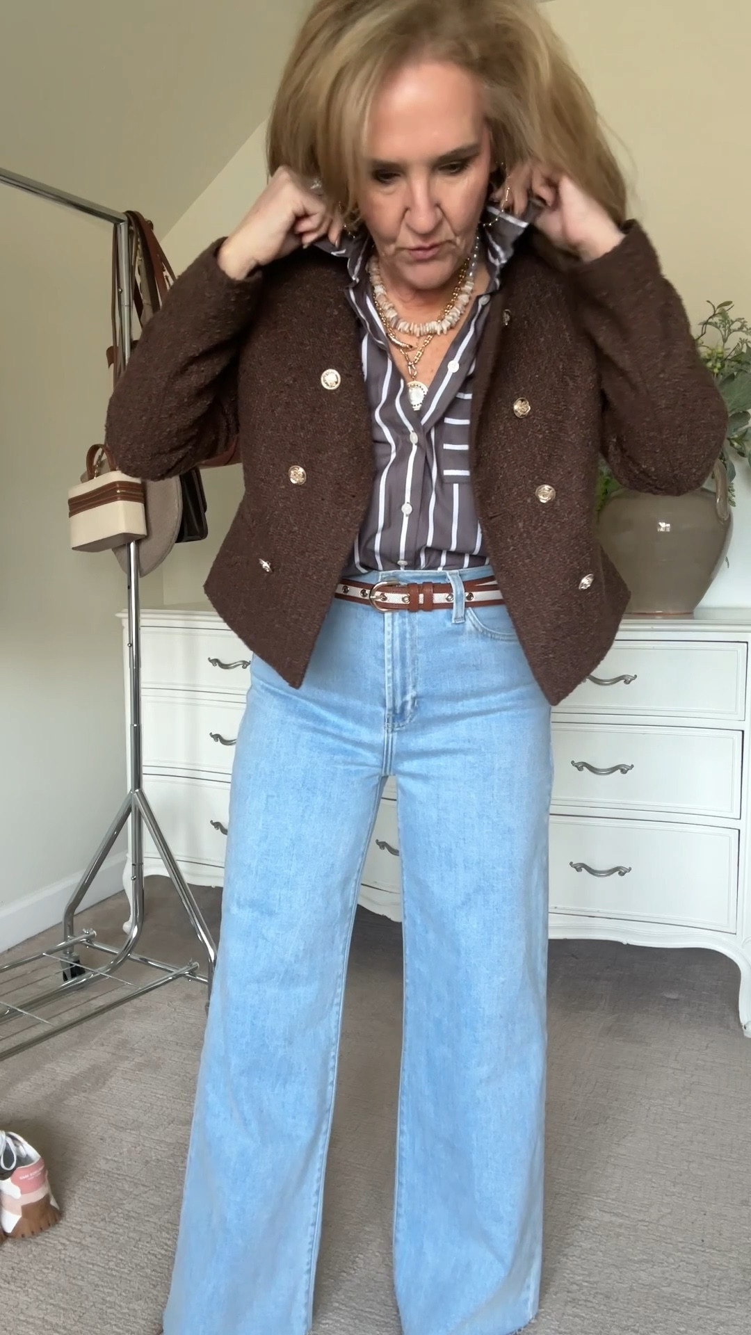 New jeans size 29 15% off code NANETTE15 I did cut them about 3 inches
Cashmere and cotton sweater size down to a small 
The sneakers are true to size and I love them 
Navy silk blouse size medium 
Loft blazer med petite 
Loft blouse size medium petite
You must get this belt

Easy outfit with wide leg, jeans and sneakers, pink sneakers, blush sneakers, pink sweater, quince sweater

#LTKWatchNow #LTKOver40 #LTKWorkwear