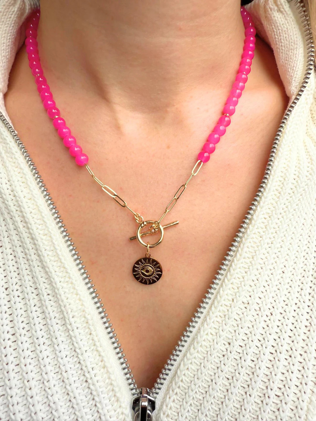 Beaded Charm Necklace With Chain Accent & Toggle Clasp - Etsy | Etsy (US)