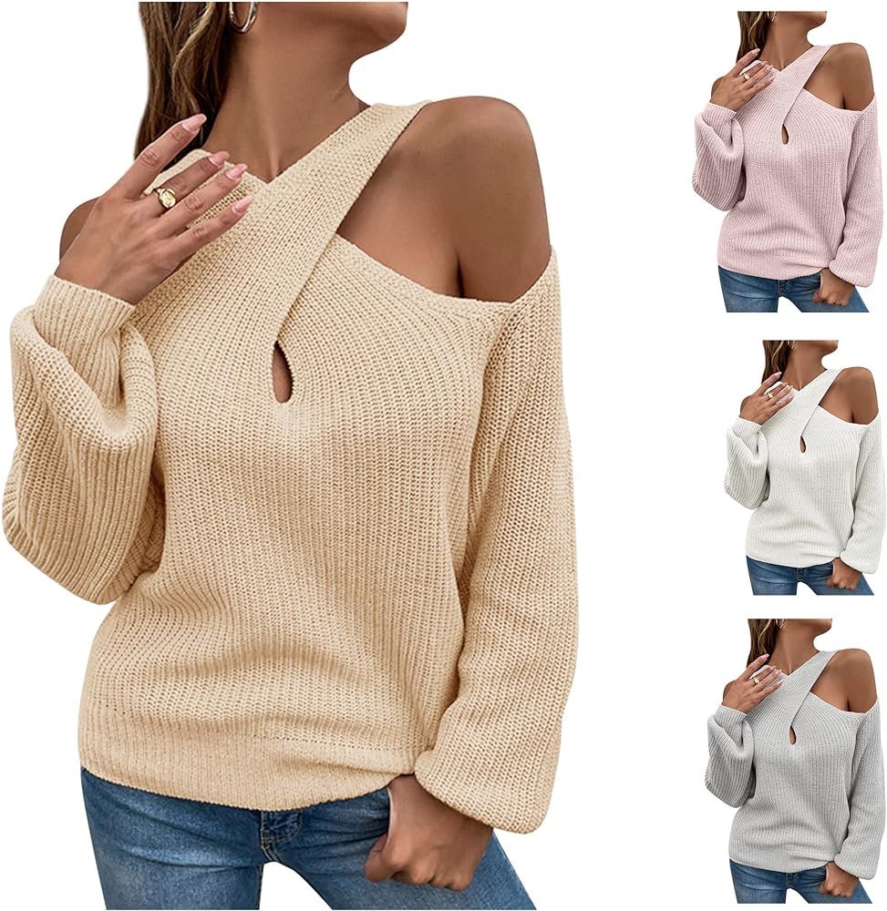 Womens Sweaters Casual Off Shoulder Tops Crossed V- Neck Long Sleeve Knitted Crop Halter Pullover To | Amazon (US)