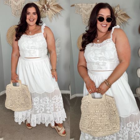 Abercrombie white embroidered lace detail matching maxi skirt set 🤍✨ On sale 15% off + additional 15% off with code: AFSHELBY 
Wearing a size XL in both pieces. Skirt runs large. 
Bridal shower, engagement party, honeymoon 

#LTKplussize #LTKstyletip #LTKsalealert