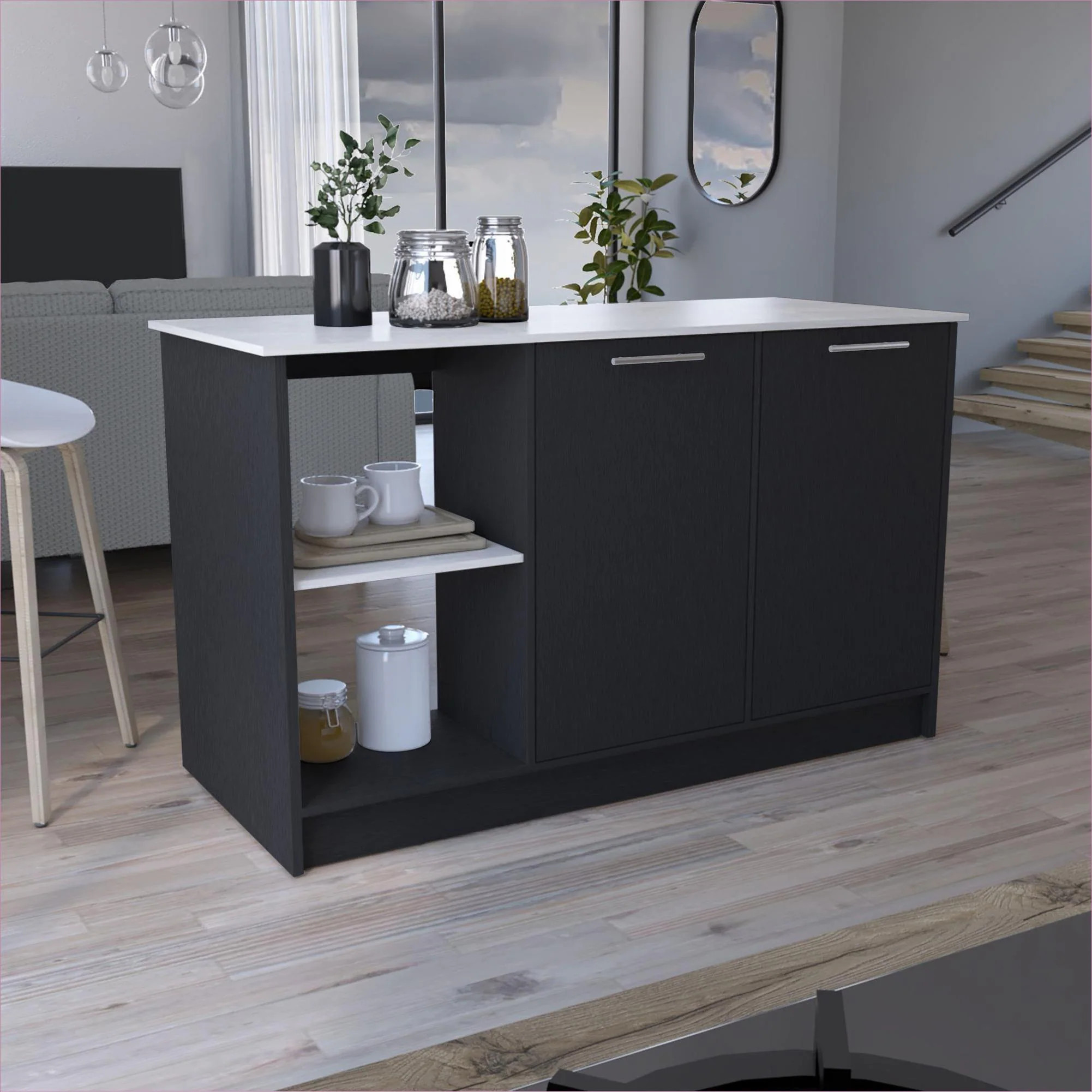 Watnature Storage-Focused Kitchen Island for Kitchen Dining Matte Black with Marble Top Large Work Surface and Cabinet Storage | G9FHZY23ZBAP | Lowe's