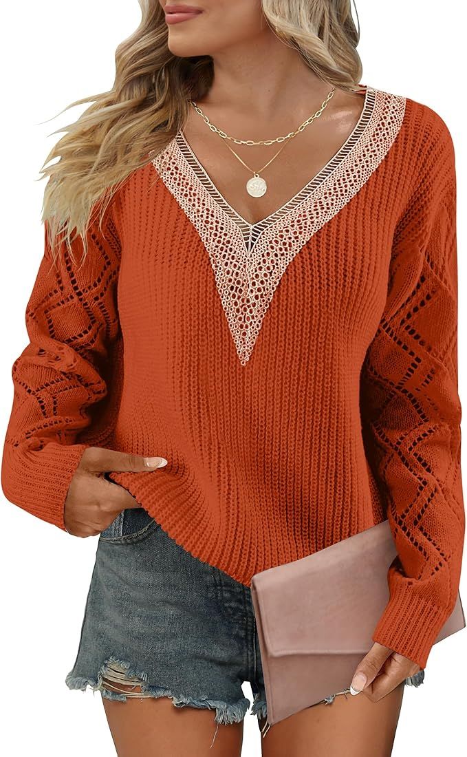 MIROL Women's Guipure Lace Pullover Sweater V Neck Long Sleeve Solid Crochet Knit Tops Casual Fal... | Amazon (US)