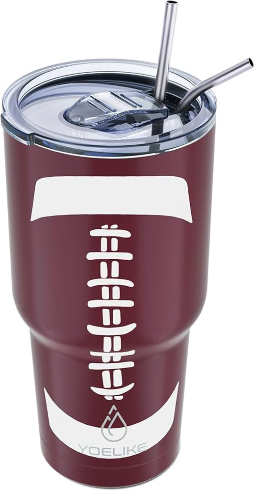 yoelike Football 30 oz tumbler with lid and straw, Stainless Steel, Vacuum Insulated Iced Coffee Tumbler Cup, Leak-Proof Travel Mug, Gift Box For Coach Fan Dad Mon Women Men | Amazon (US)