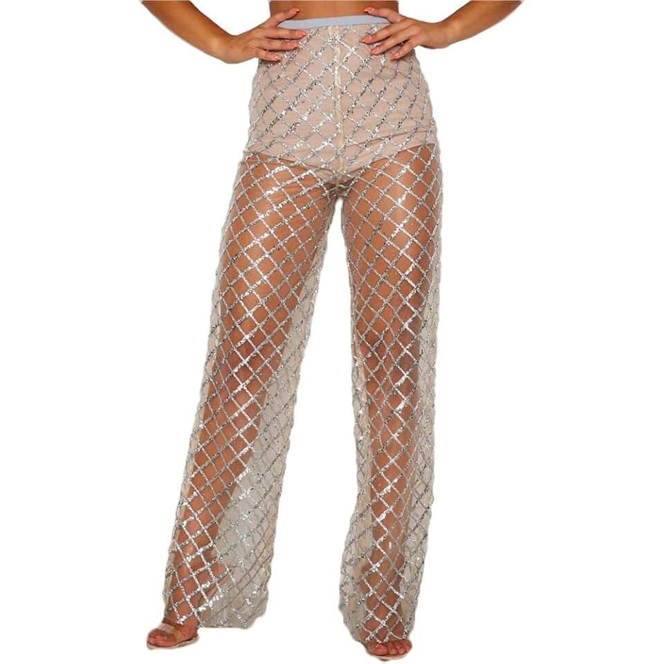 Women's Sexy See Through Fishnet Pants High Waist Sheer Mesh Long Pant Sequins Wide Leg Trousers Spa | Amazon (US)