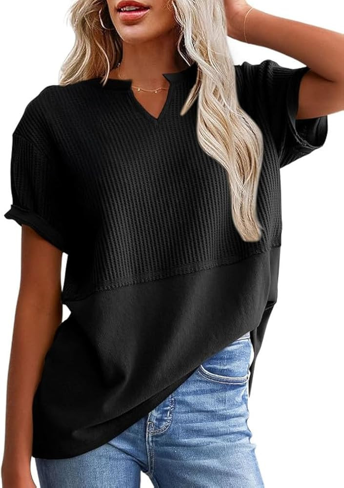 SHEWIN Womens Casual V Neck Waffle Knit Tops Short Sleeve T Shirts Loose Blouses | Amazon (US)