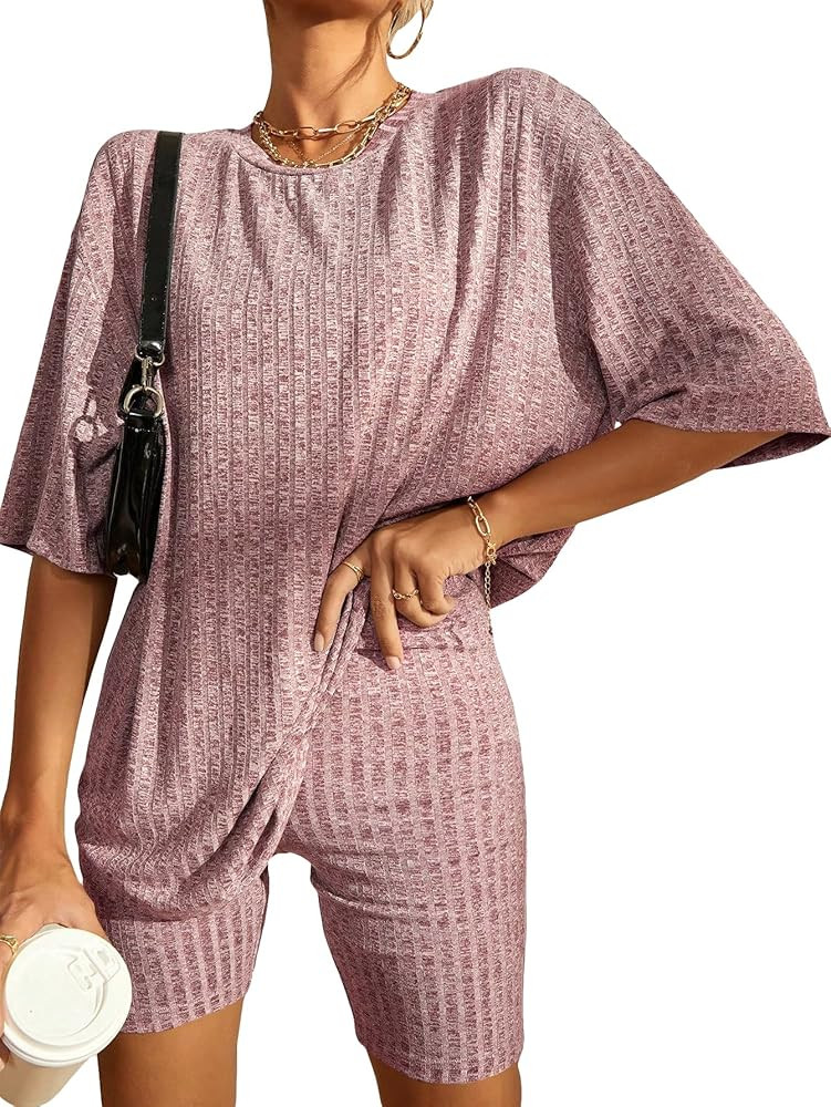 WDIRARA Women's 2 Piece Outfits Ribbed Short Sleeve Drop Shoulder Tee And Shorts Set | Amazon (US)