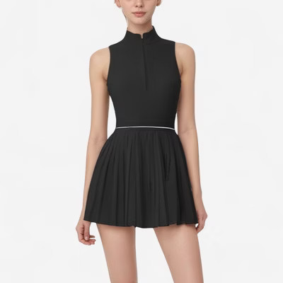 Anna-Kaci Active Women's Sleeveless Zip Front High Neck Tennis Dress with Pleated Skirt and Contrast Waist Trim - Small, Black | Target