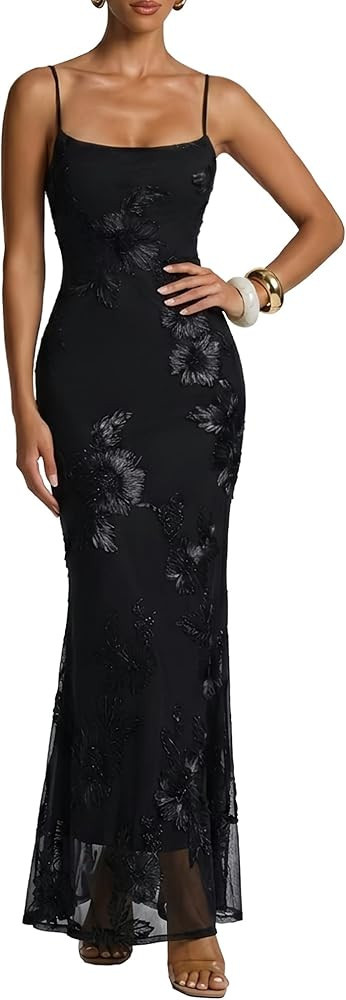 Women's Bodycon Maxi Summer Embroidery Satin Floral Mesh Dress | Amazon (US)
