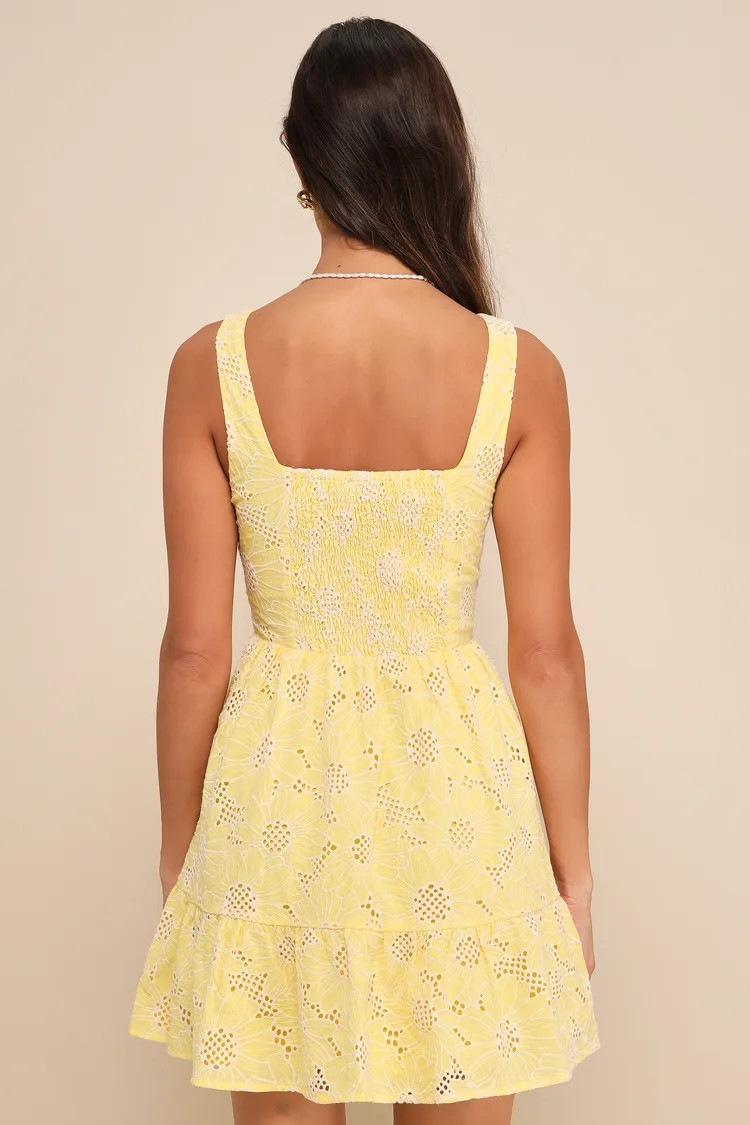 Bright Personality Yellow Embroidered Floral Skater Mini Dress | Lulus