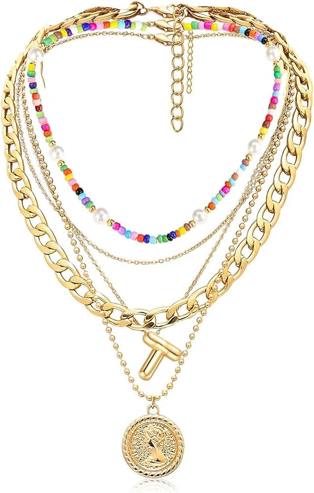 MJartoria Layered Necklaces for Women Trendy Balloon Initial Pendant Necklace Dainty Chunky Chain... | Amazon (US)