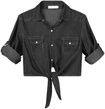 Durio Women's Denim Shirt 3/4 Sleeve Chambray Crop Top Cardigan Jean Tie Front Knot Tops for Wome... | Amazon (CA)