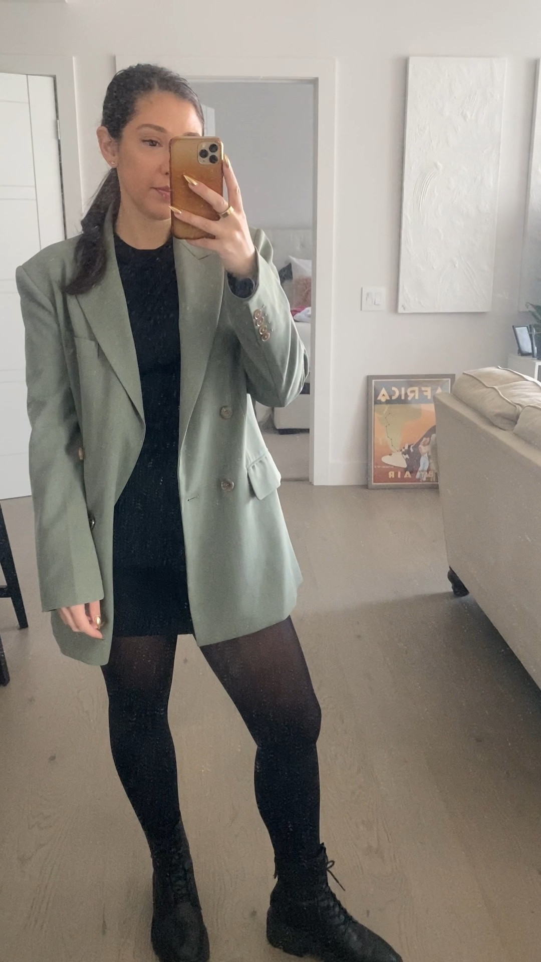 Sage green is a great transitional color moving from winter to spring. I love this Frankie shop blazer because it’s light and longer lined so I can wear with a shorter dress  
