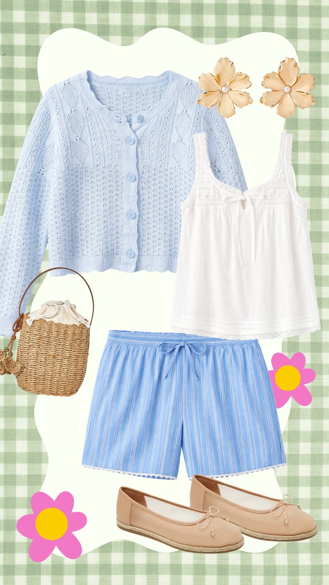 Spring outfit & cool mom style! Love these light shorts from Target with a baby blue crochet sweater! I wear a 3x in both 