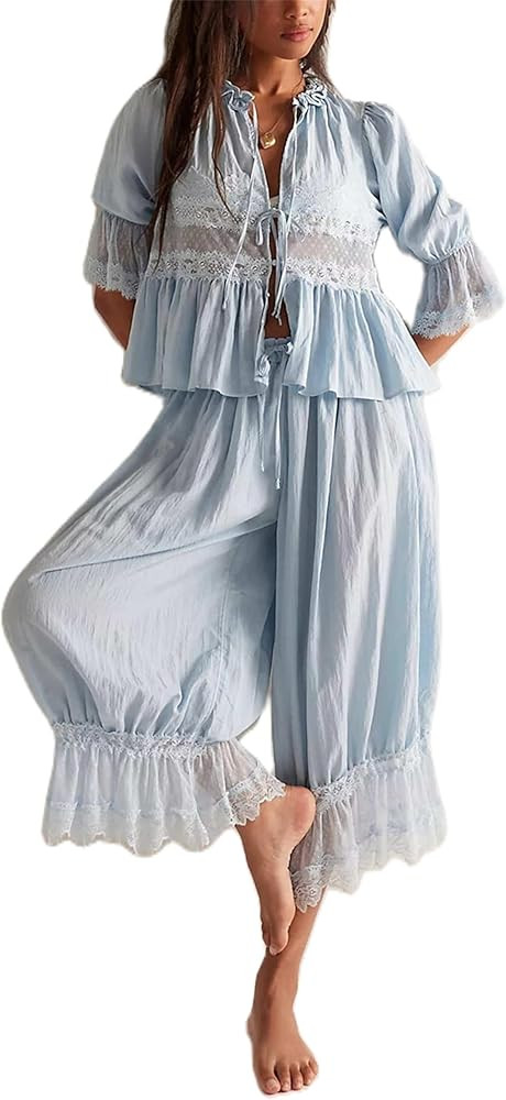 Thopavenoir Women Lace Trim 2 Piece Pajamas Sets Y2k Bow Tie Short Sleeve Shirts + Ruffle Flared ... | Amazon (US)