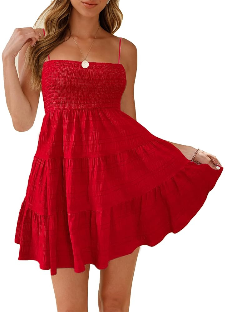 HVEPUO Women Spaghetti Strap Sleeveless Smock Cami Mini Dress Summer Vacation Flowy Boho A Line S... | Amazon (US)