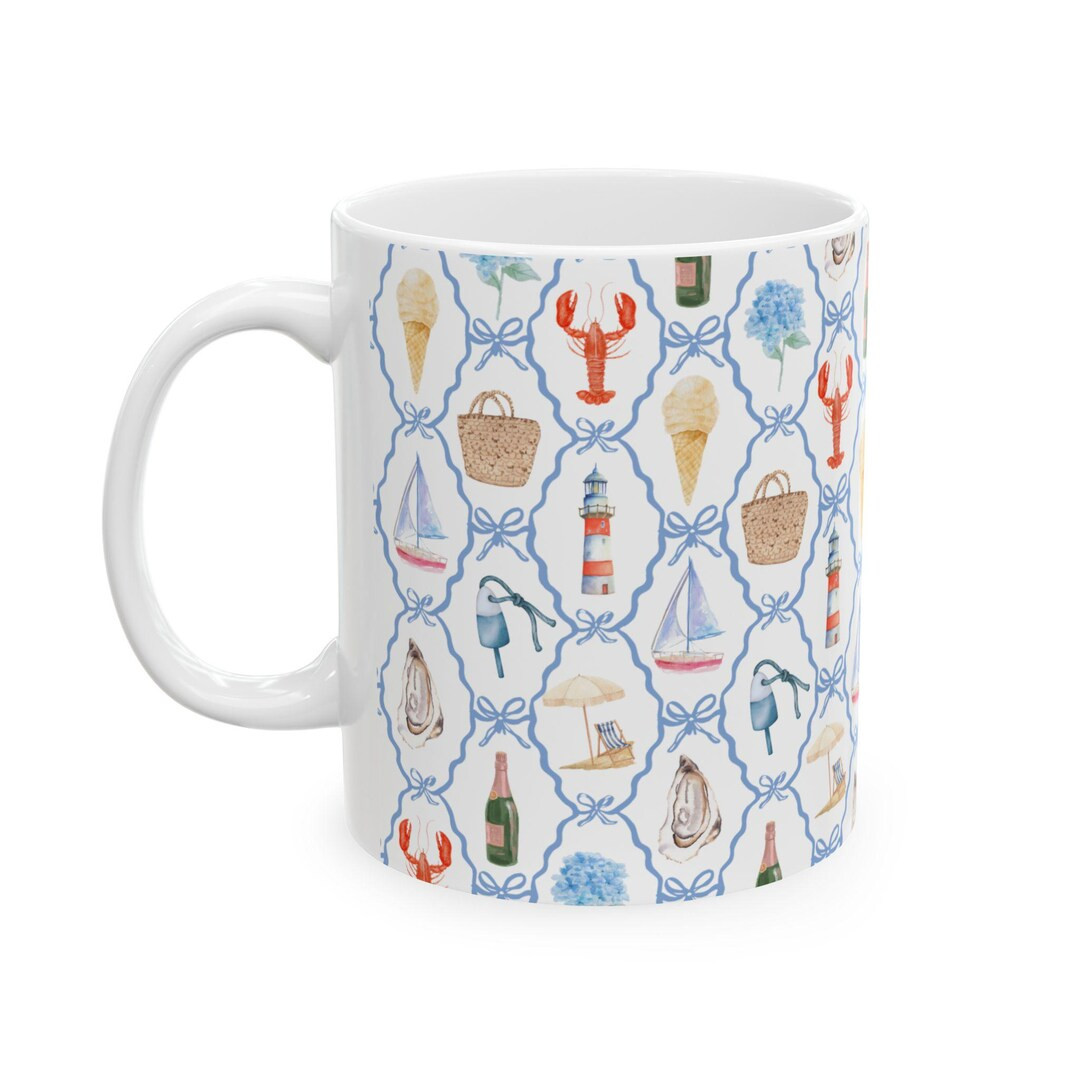 New England Summer Ceramic Mug, Hydrangea Blue Ribbon Lobster Coffee Cup, Nautical Theme Tea Mug,... | Etsy (US)