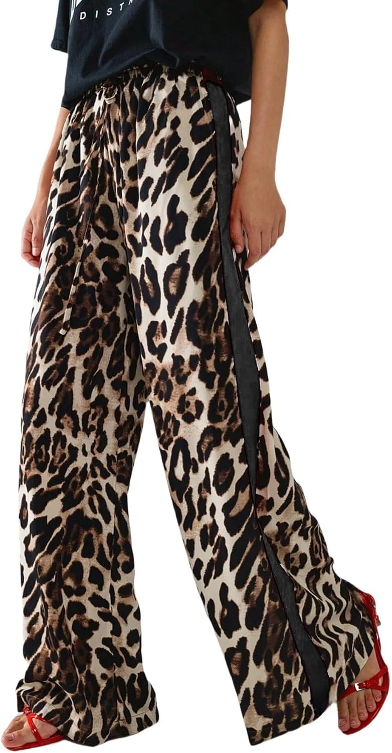 Women's Drawstring Leopard Side Striped Wide Leg Casual Pants | Amazon (US)