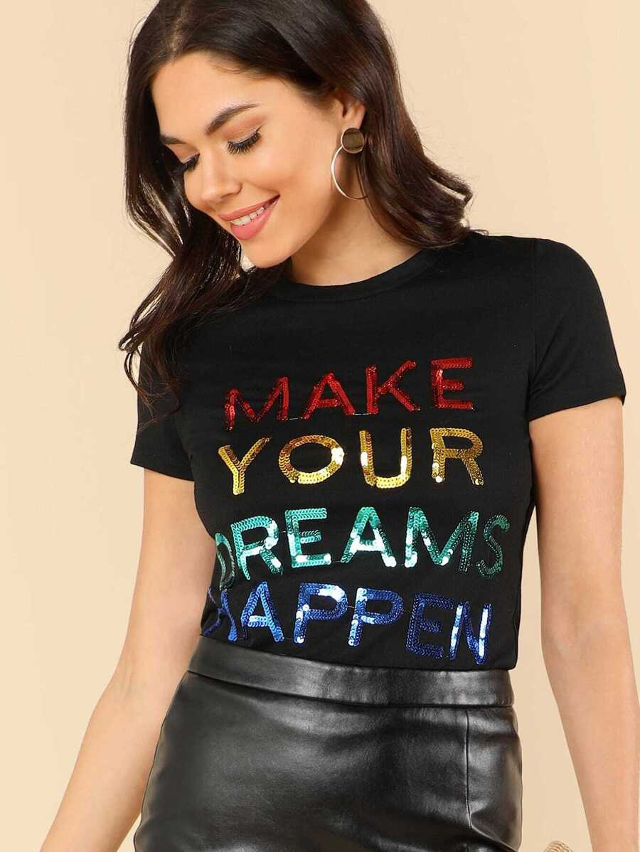 Sequin Letter Short Sleeve T-shirt | SHEIN