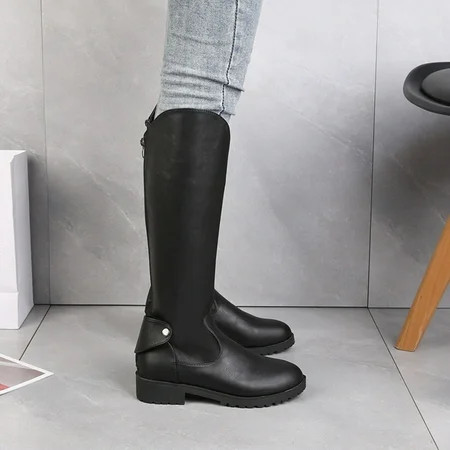 Rubber Boots Shoes Fashion Round Toe Mid-Heel High Barrel Knight Buckle Retro Long Boots Black Knee  | Walmart (US)