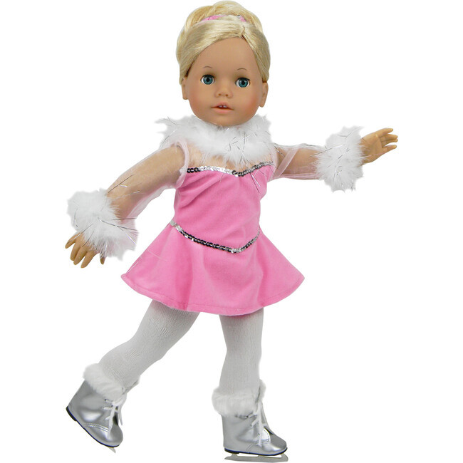 18" Doll, Ice Skating Gown, Panties, Ponytail Holder, Silver Ice Skates & Tights | Maisonette
